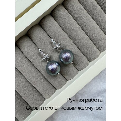 Серьги с подвесками  Серьги с хлопковым жемчугом, ручная работа, длина 35 мм, фианит, размер 35 мм, серебристый