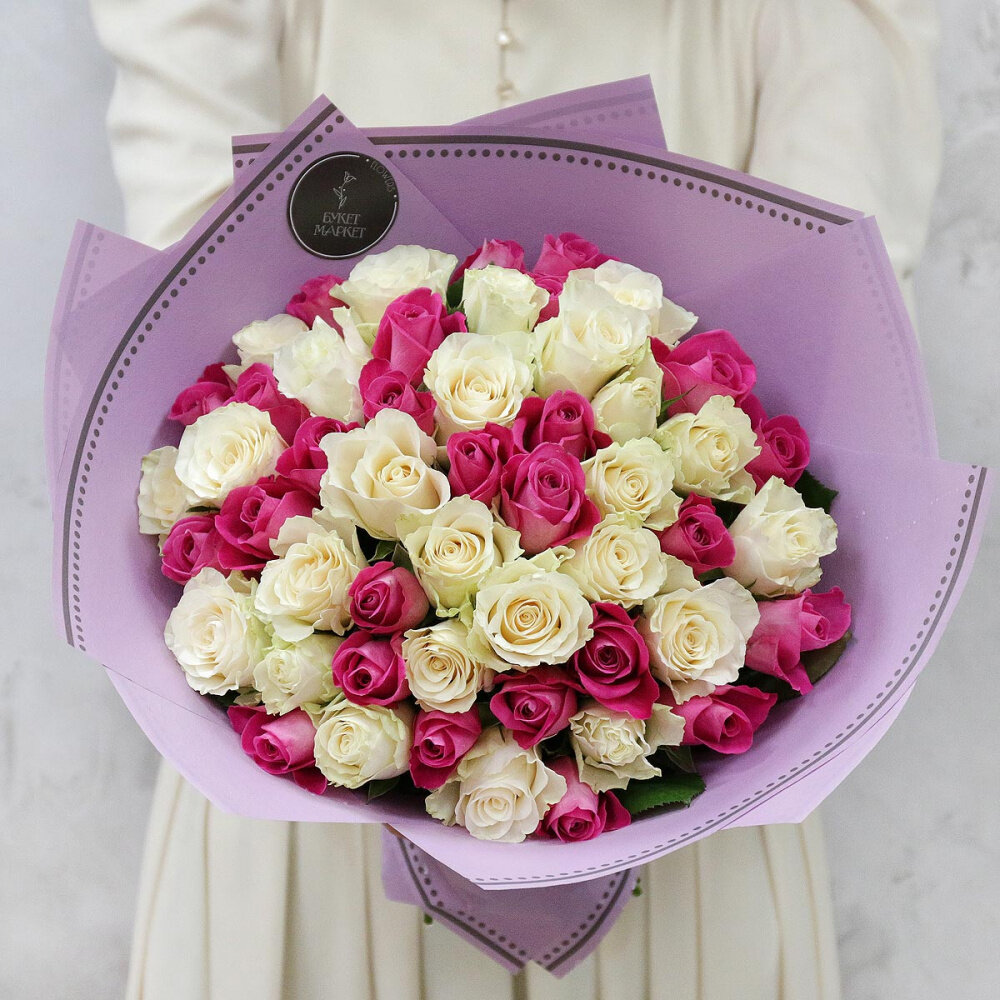 Букет живых цветов из 51 розы - нежное суфле 40см от Букет Маркет