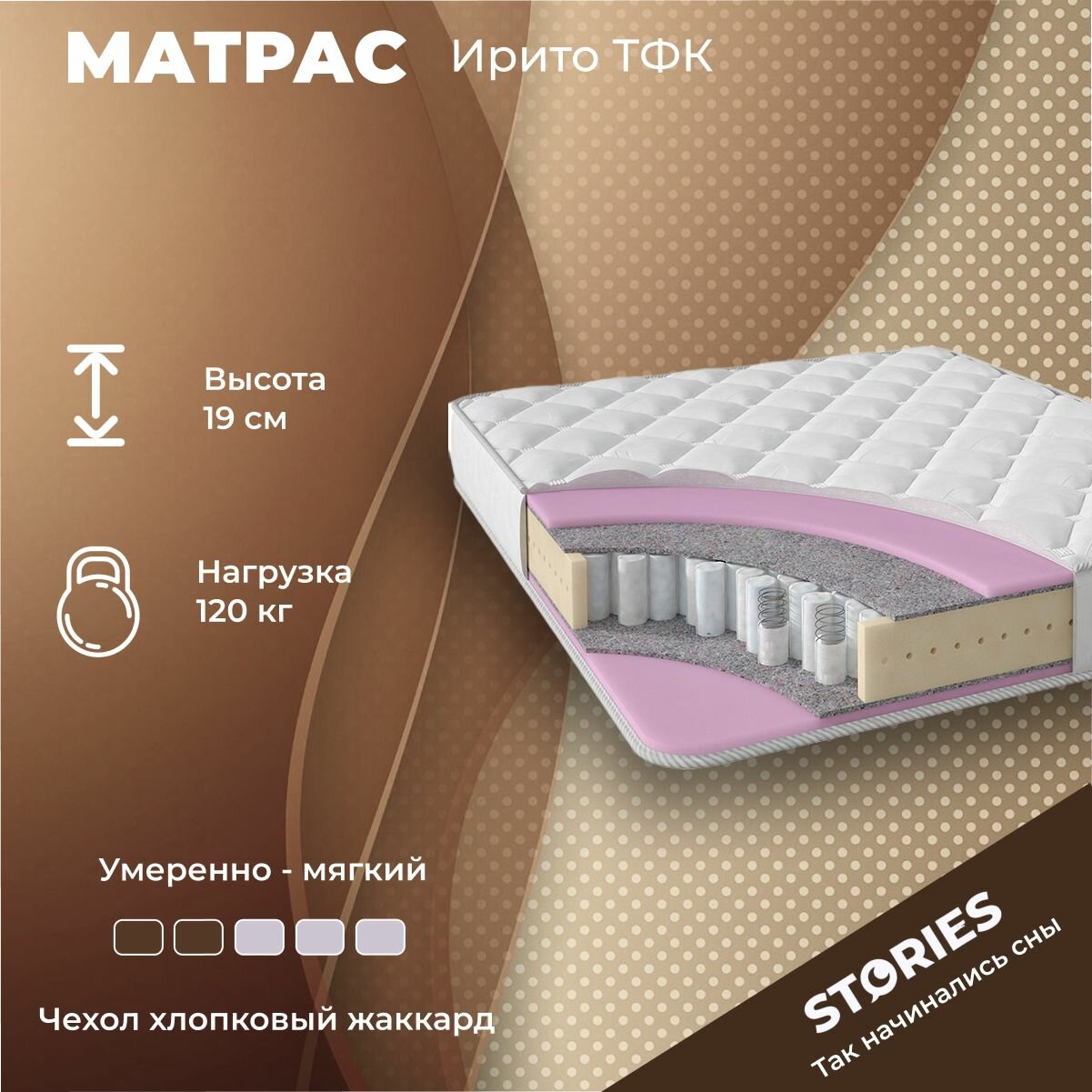 Матрас Stories Ирито ТФК, 90x200, высота 19 см, независимые пружины