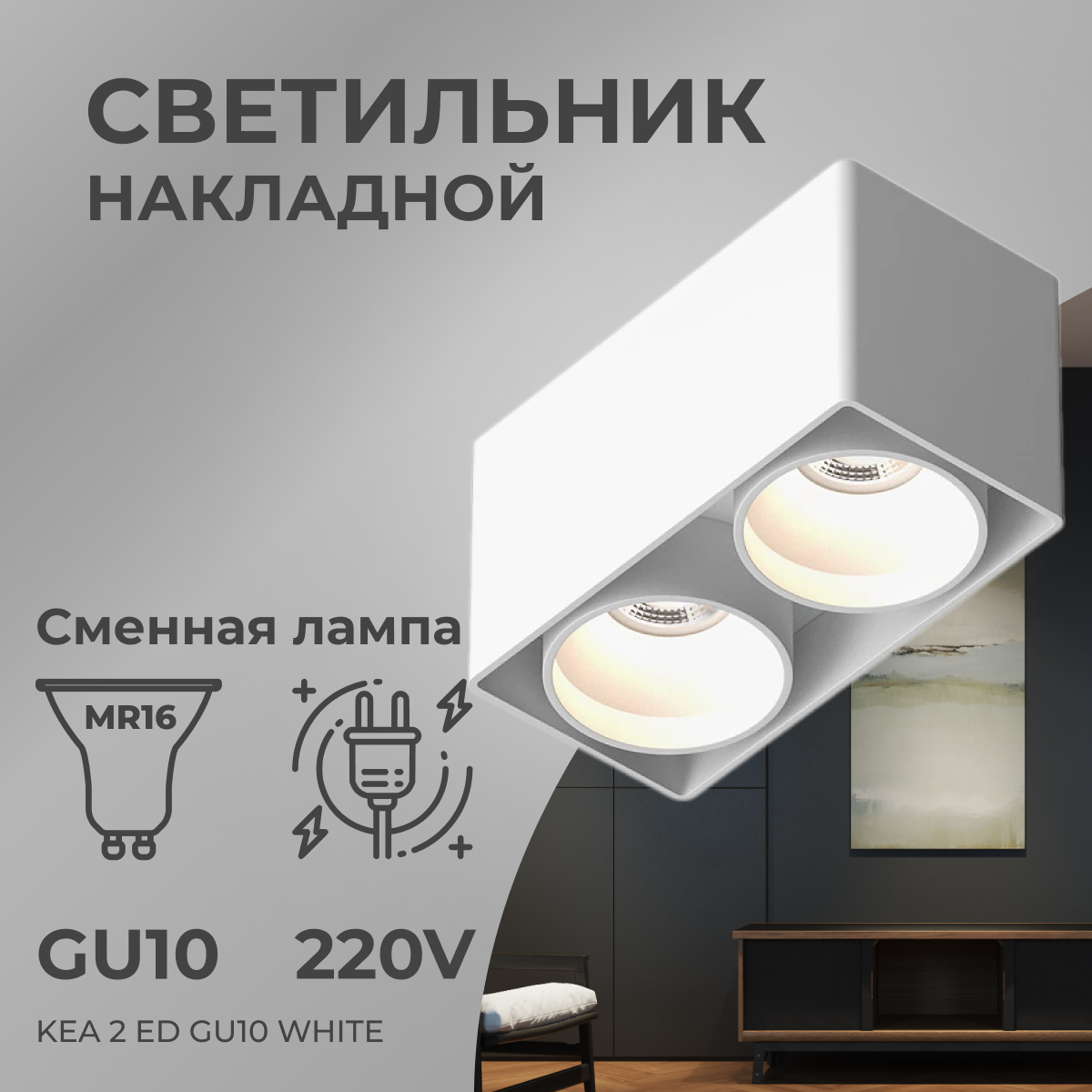 Накладной светильник под сменную лампу, спот двойной поворотный Ledron KEA 2 ED GU10 White