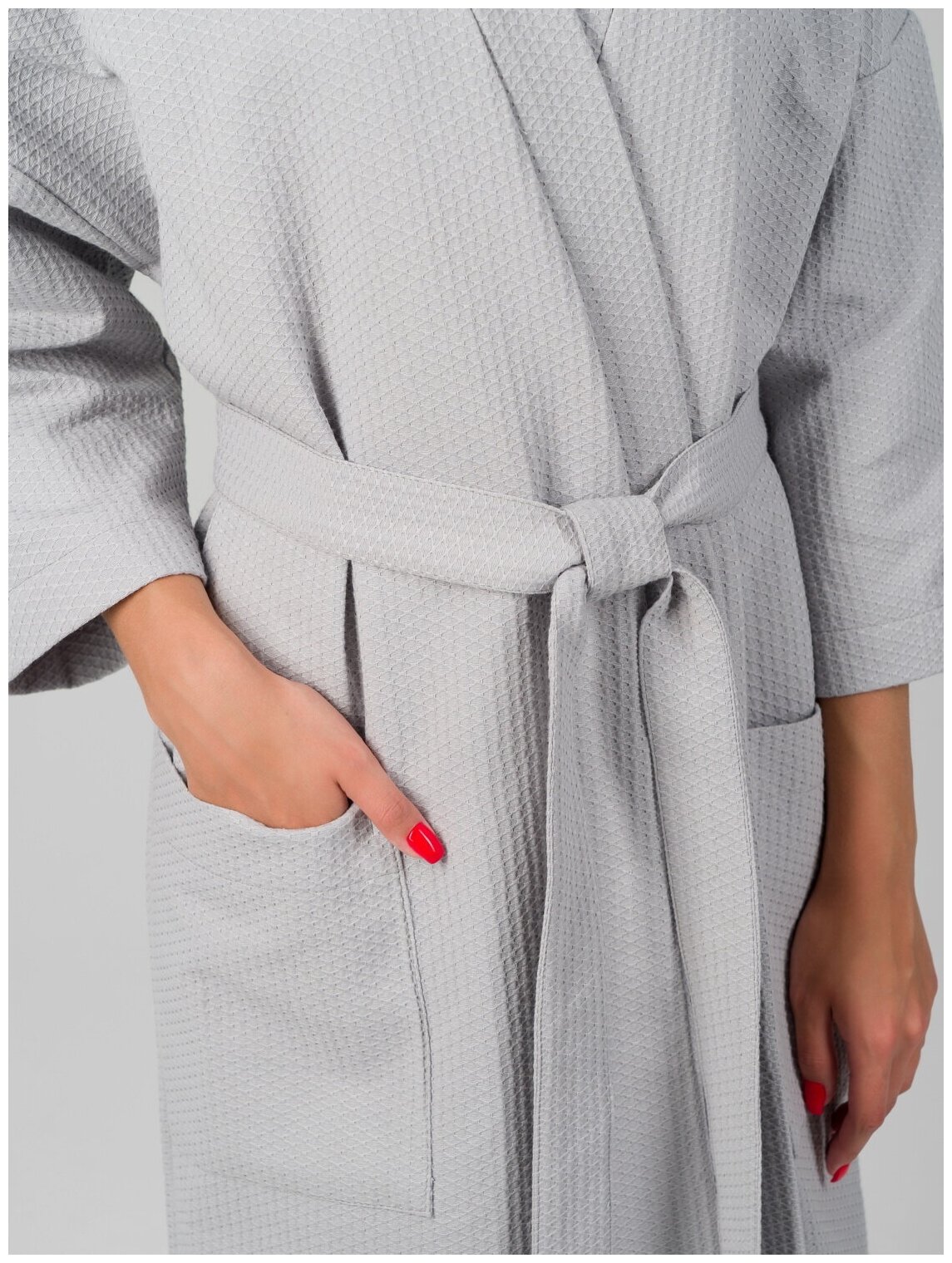 Вафельный халат Кимоно унисекс "Ромбы", серый. Размер 50-52 - фотография № 11