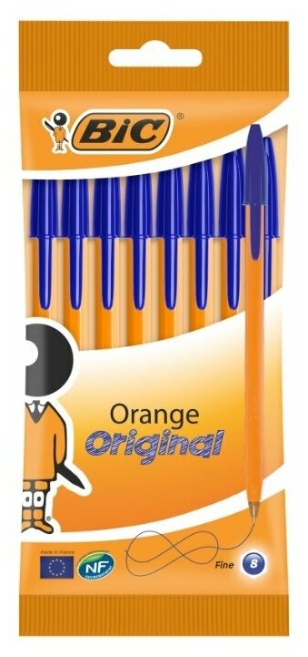 Ручки шариковые BIC Orange Fine, набор 8 шт, синие, линия 0,32мм, пакет, 919228