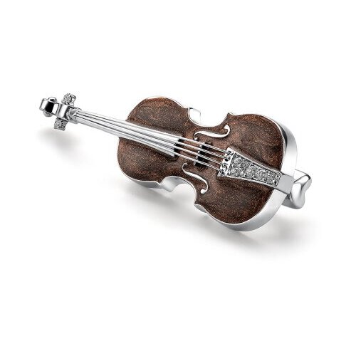 Серебряная женская брошь Скрипка 925 пробы с эмалью и фианитами, родированная.
