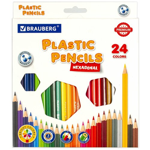 Карандаши пластиковые цветные для рисования Brauberg Premium, 24 цвета, пластиковые, трехгранные, грифель мягкий 3 мм, 181663