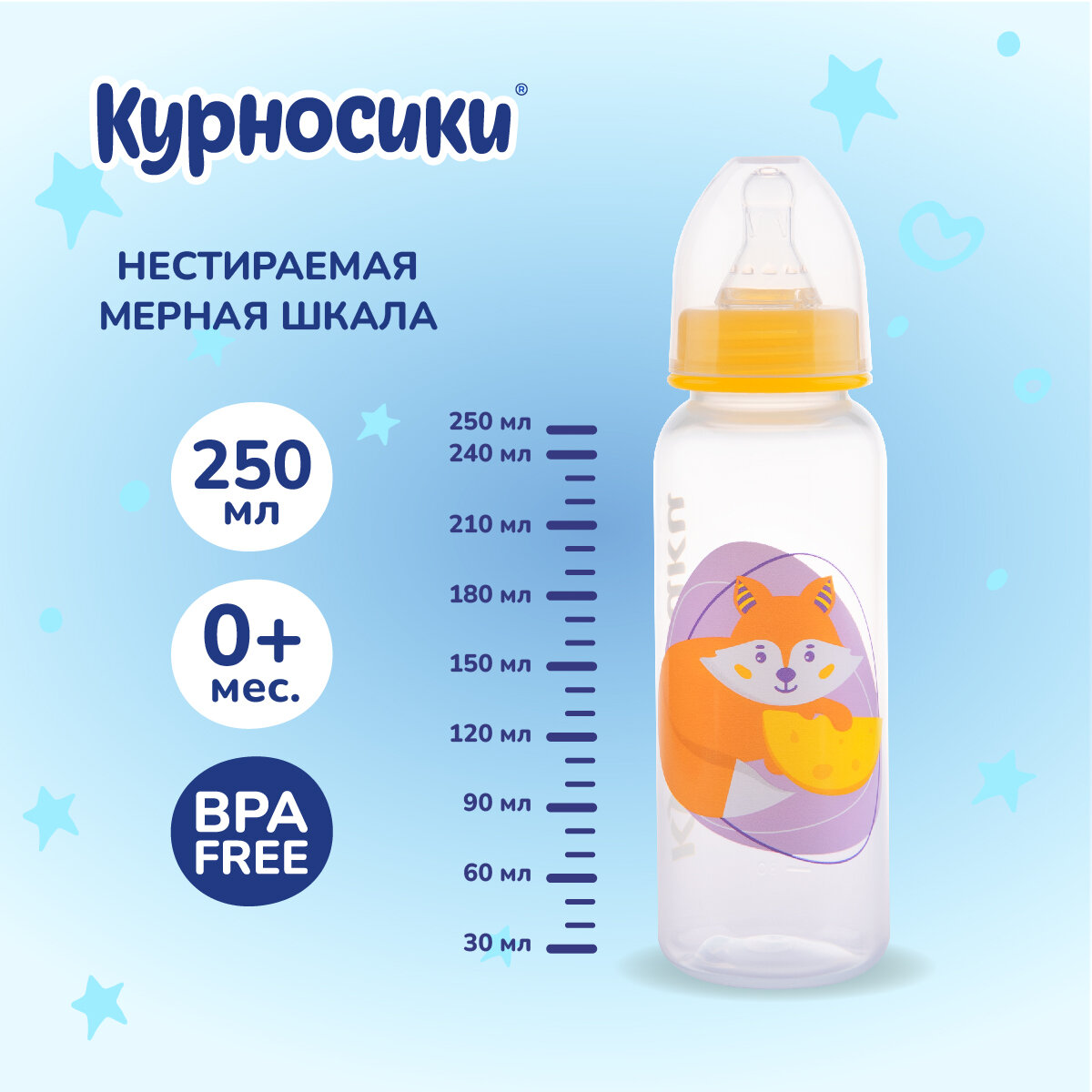 Бутылочка для кормления Курносики с силиконовой соской, 250 мл, от 0+ мес.