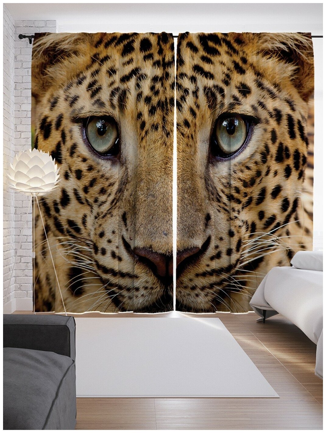 Шторы, фотошторы JoyArty "Мордашка леопарда" из ткани сатен, 2 полотна 145x265 см, шторная лента и крючки - фотография № 10