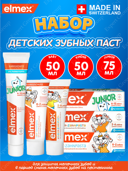 Набор Зубных паст Elmex Childrens от 0-2 лет + Childrens для 2-6 лет + Junior для 6-12 лет