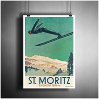 Постер плакат для интерьера "Винтажный постер: Горнолыжный курорт Санкт-Мориц"/ Декор дома, офиса, комнаты A3 (297 x 420 мм)