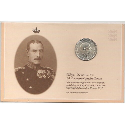 (1937) Монета Дания 1937 год 2 кроны Кристиан X 25 лет коронации Серебро Ag 800 Буклет 10 эре 1924 дания кристиан x