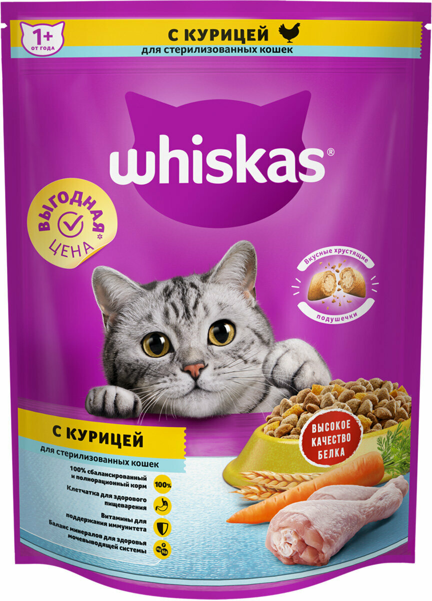 WHISKAS для взрослых кастрированных котов и стерилизованных кошек с курицей (0,8 кг)