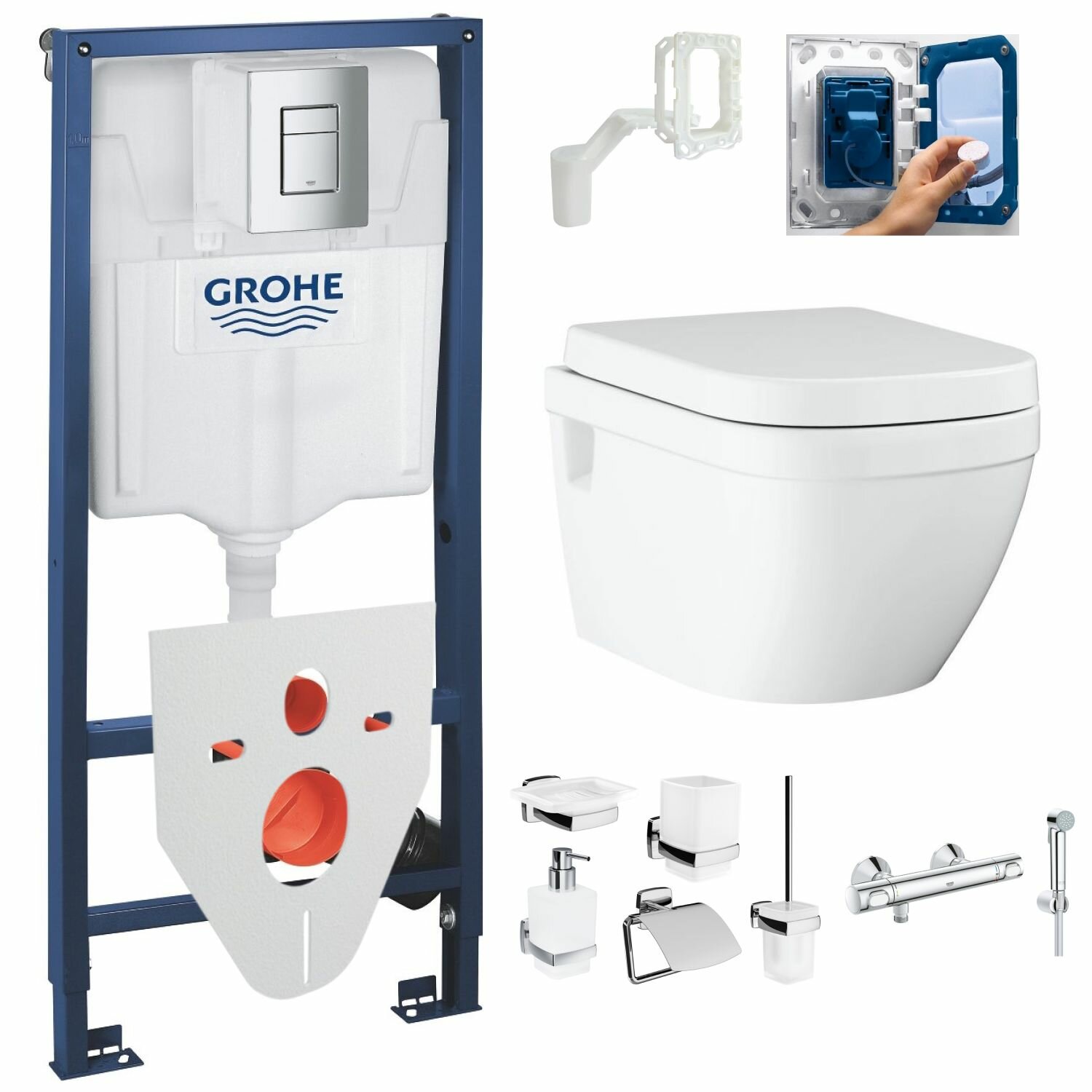 фото Готовое решение: инсталляция с крепежом для таблеток, подвесной унитаз Grohe Euro Ceramic, сиденье, термостатический душ, аксессуары