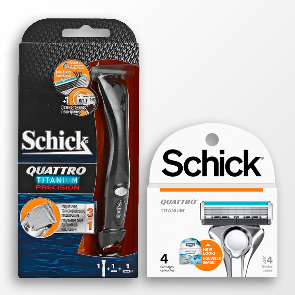 SCHICK QUATTRO Titanium Precision Бритвенный станок c 1 кассетой и триммером + сменные кассеты QUATTRO Titanium 4 шт.