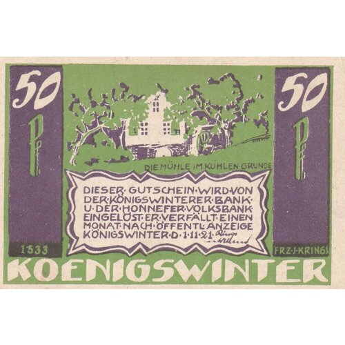 Германия (Веймарская Республика) Кёнигсвинтер 50 пфеннигов 1921 г. (№2) германия веймарская республика кёнигсвинтер 50 пфеннигов 1921 г вид 2 1