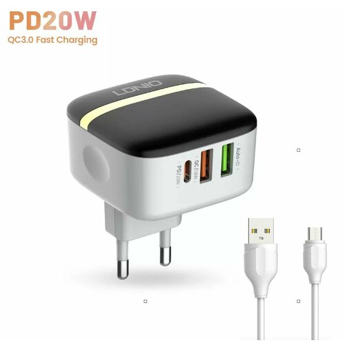 Зарядное устройство LDNIO A3513Q/QC3.0 18 Вт/PD 20 Вт/ кабель micro USB в комплекте, черный, белый сетевое зарядное устройство ldnio a4406 22 вт белый