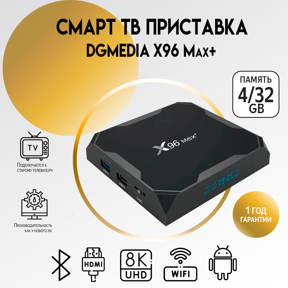 Смарт ТВ приставка DGMedia X96 Max+ Андроид медиаплеер 4/32 Гб Wi-Fi 4K Amlogic S905X3