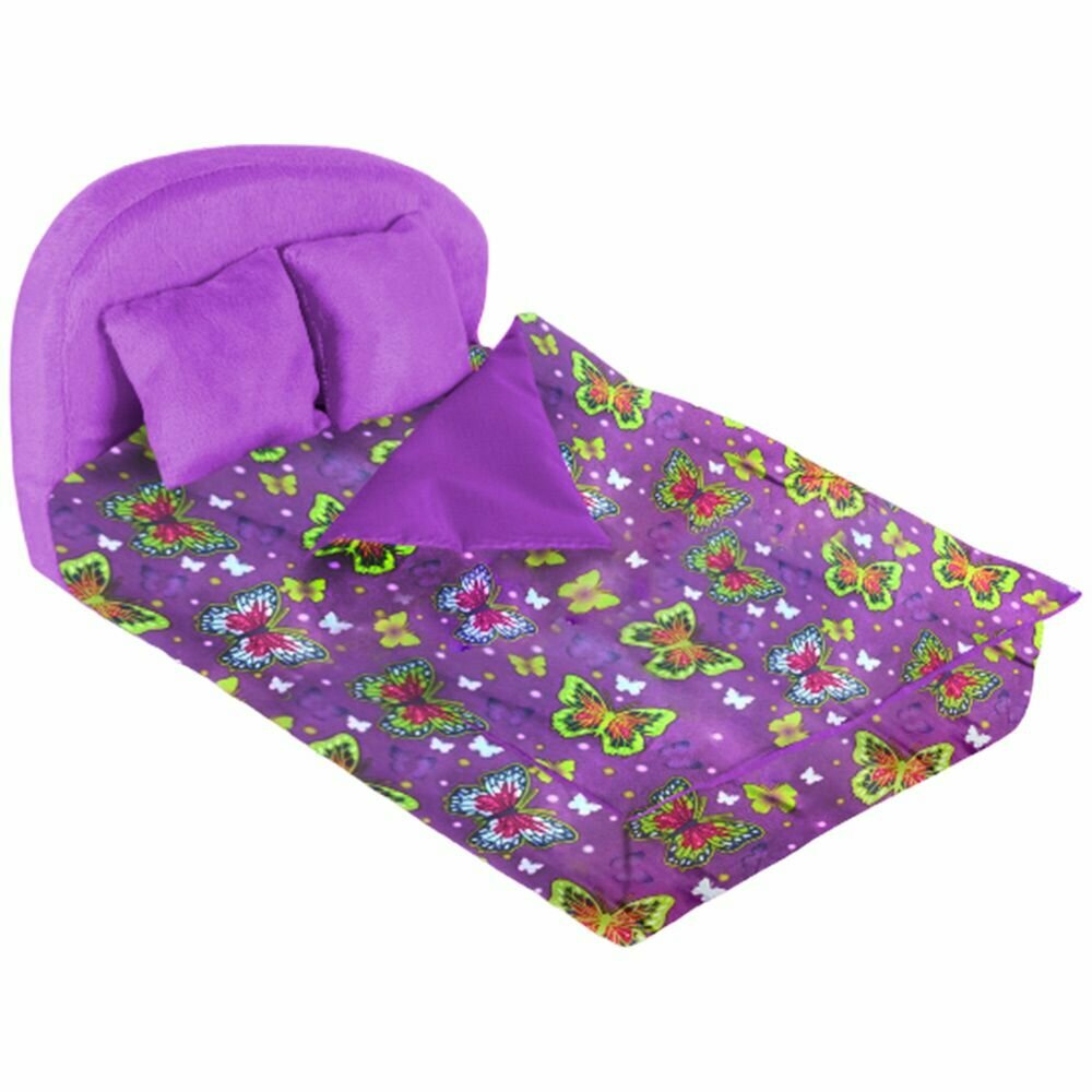 Мебель мягкая Кровать,2 подушки, одеяло "Бабочки на фиолетовом" с фиолетовым плюшем