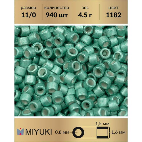 Бисер Miyuki Delica, цилиндрический, размер 11/0, цвет: Гальванизированный полуматовый темная мята (1182), 4,5 грамм