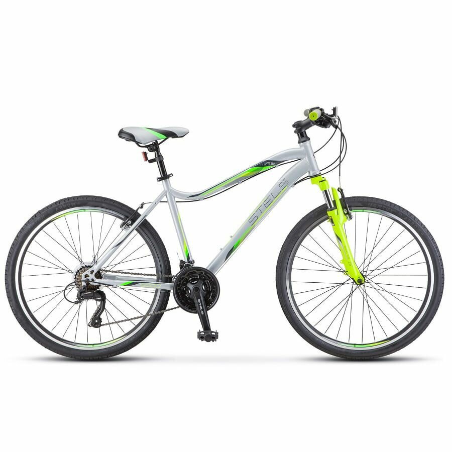 Велосипед женский горный, Miss-5000 V, 21 скорость, 26" -диаметр колеса, Размер рамы 18" (рекомендуемый рост 163-177 см) Серебристый / салатовый STELS ( Стелс LU092038 )