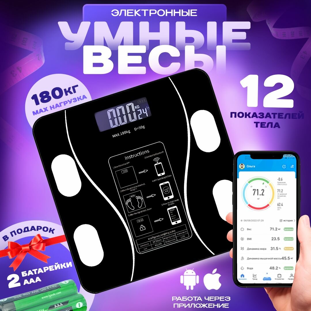 фото Умные весы напольные электронные, смарт весы с Bluetooth и приложением, черные