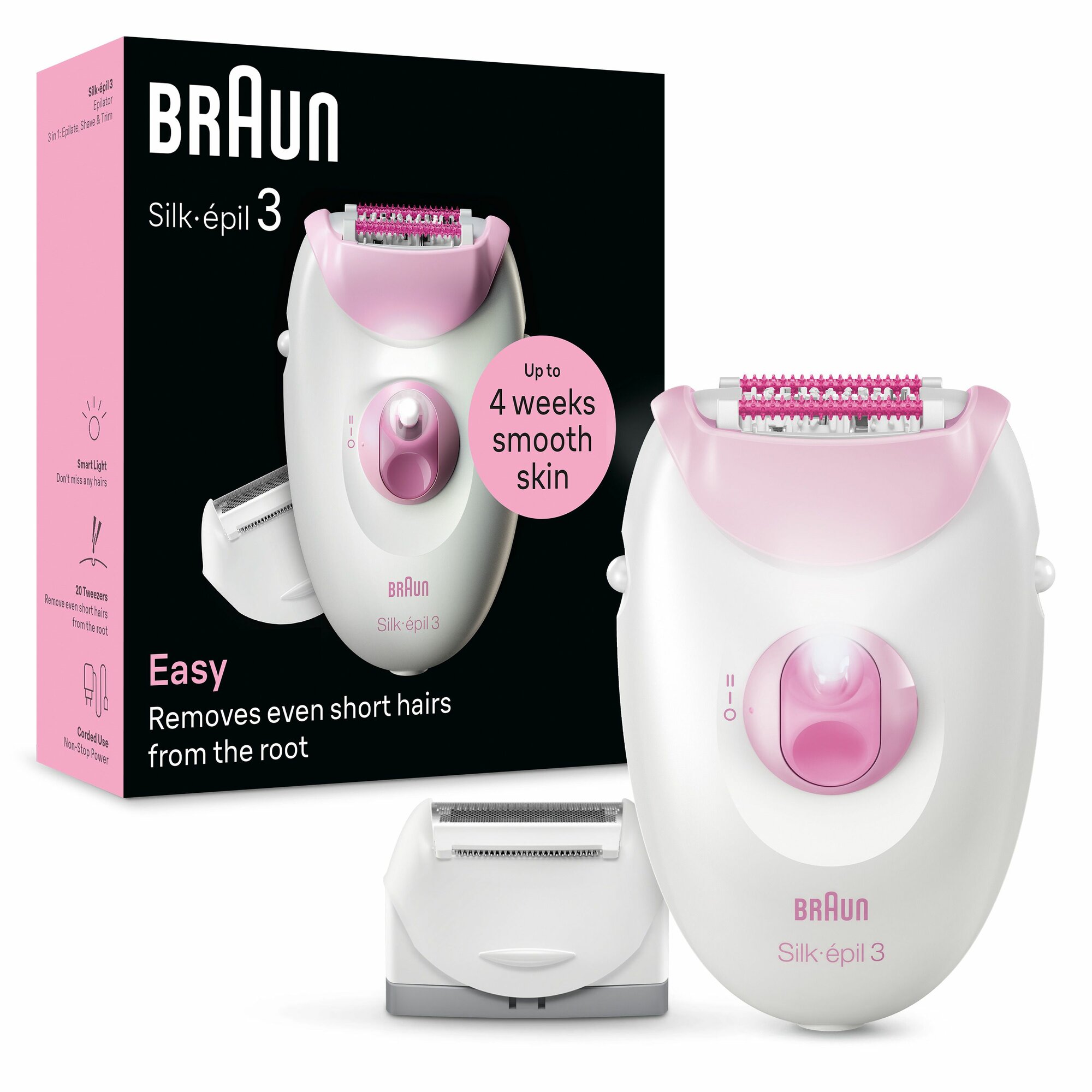 Электрический эпилятор Braun Silk-épil 3 3-031, розовый, с массажными роликами и подсветкой SmartLight — фото 1