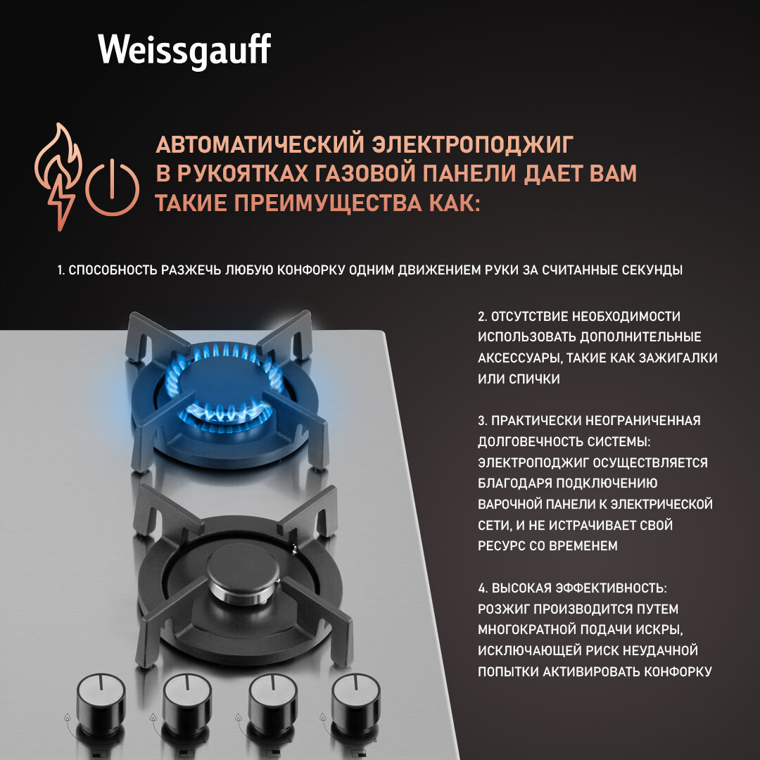 Обзор: Газовая панель Weissgauff HGG 640 XRV экспресс-конфорка, 3 года гарантии, автоматический электроподжиг, Рукоятки Hi-Tech, газ-контроль