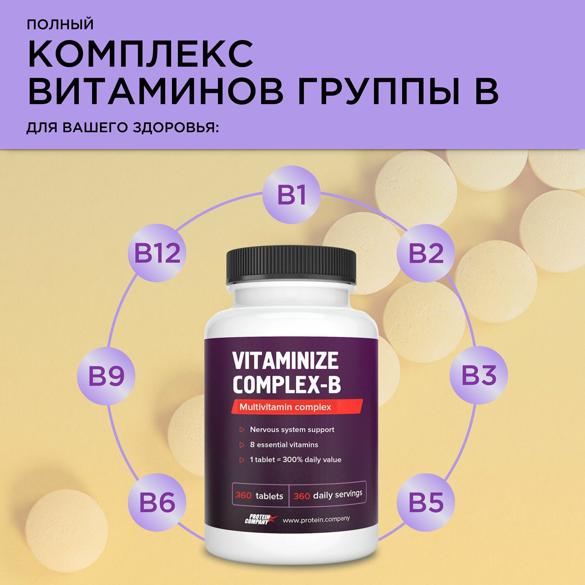 Картинки Витамины группы B PROTEIN.COMPANY, Vitaminize Complex B, B1/B2/B3 /B5 /B6, B9/ B12, 360 таблеток