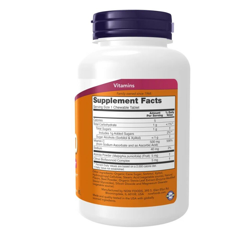 Vitamin C 500mg Chewable 100 tabs Now 100 порциий апельсин