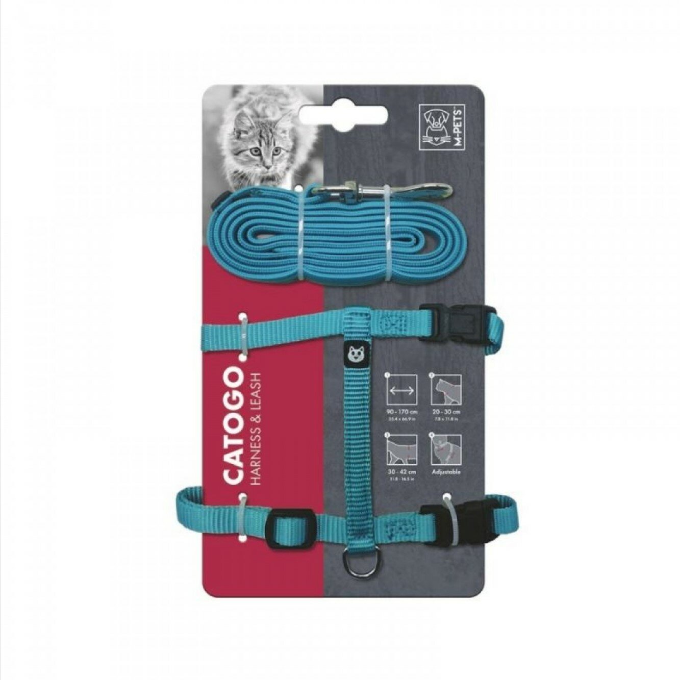 M-PETS Шлейка для кошек с поводком синяя ОШ 20-30 см ОГ 30-42 см ширина 1 см 90 см - 170 см