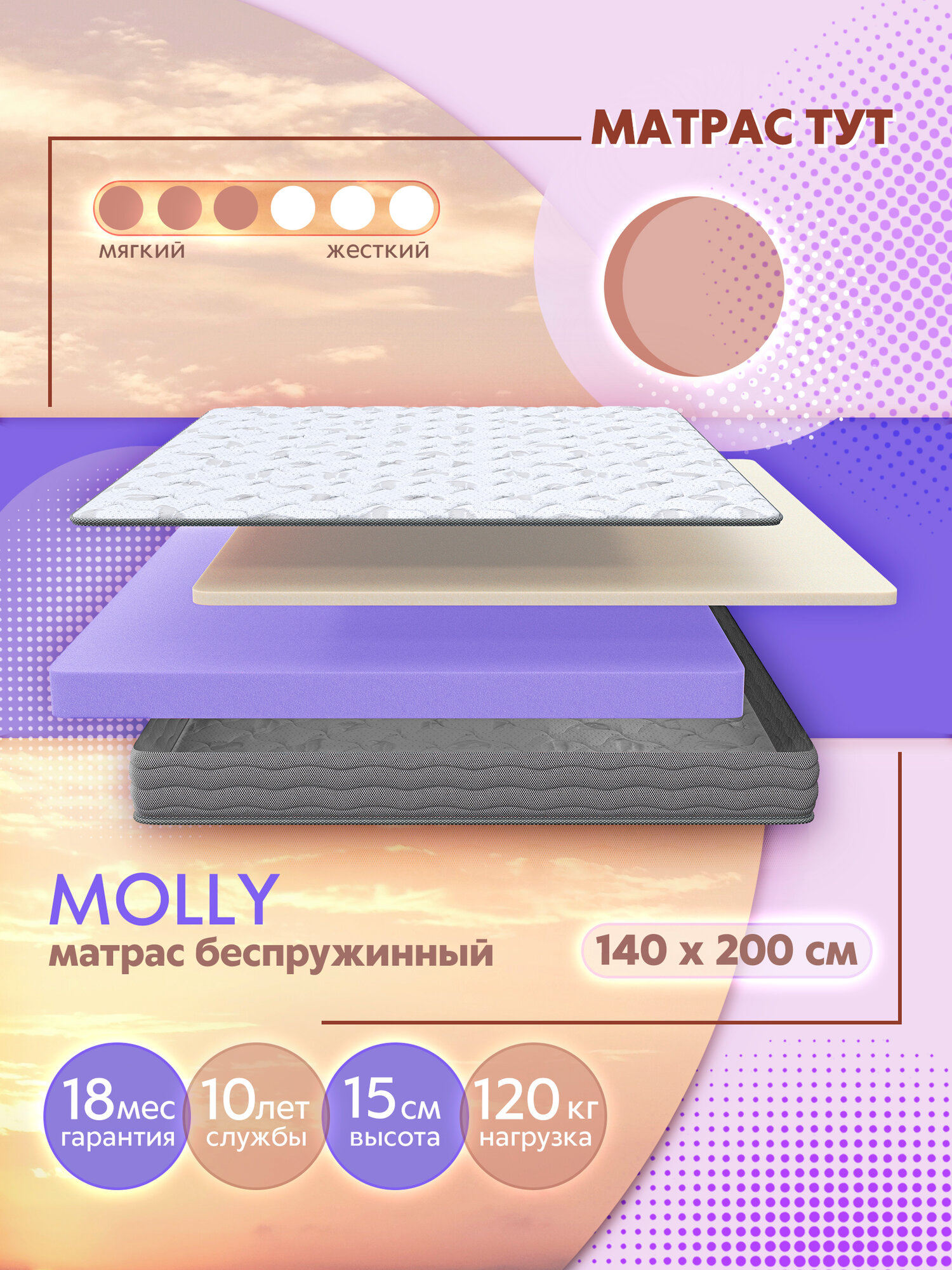 Ортопедический беспружинный матрас Molly, двуспальный, 140x200 см