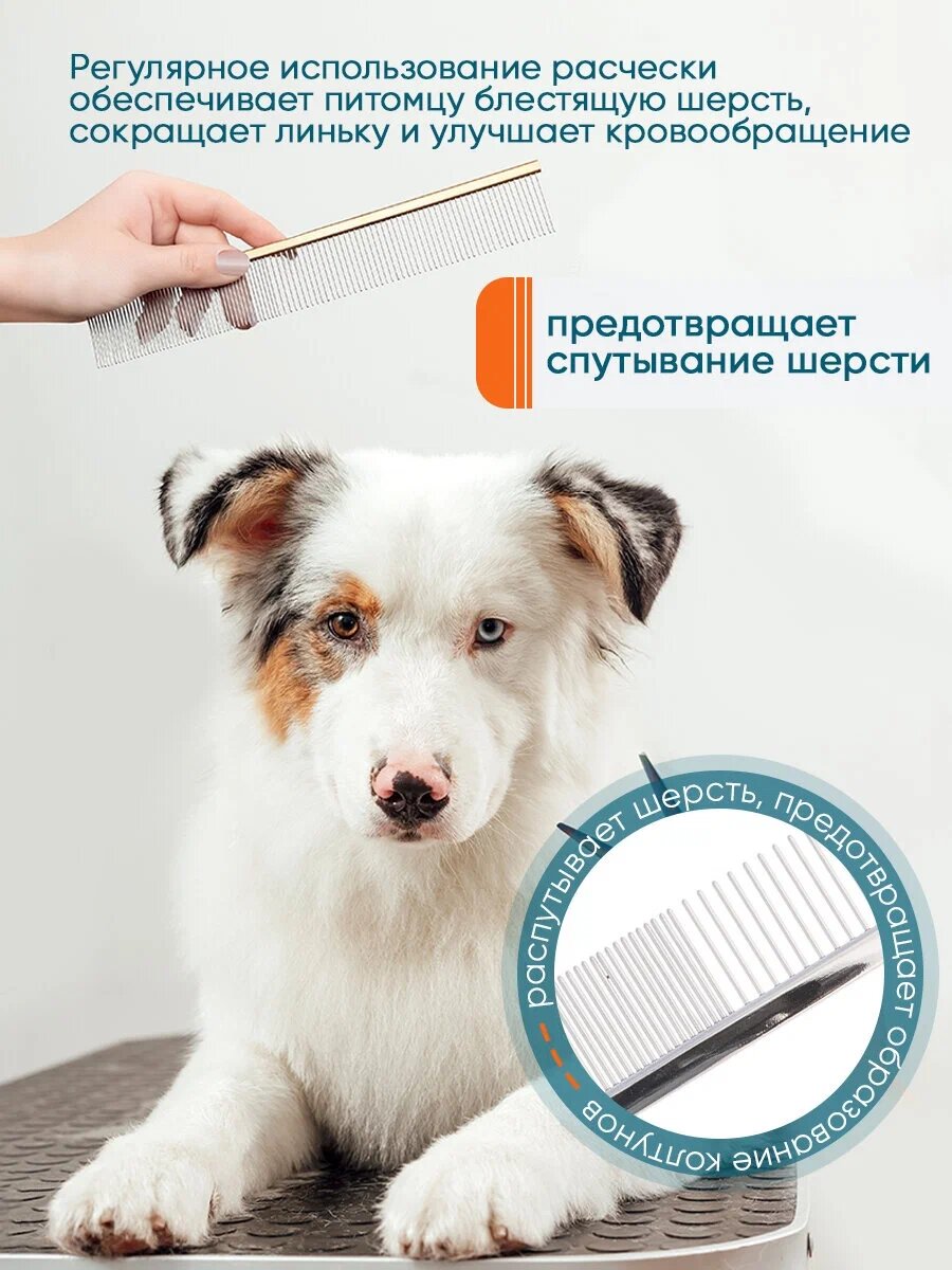 Расчёска (гребень) комбинированная для собак DeLIGHT Pro 3532339, сталь хромированная, длинные зубья 32мм, большая 19см — фото 1