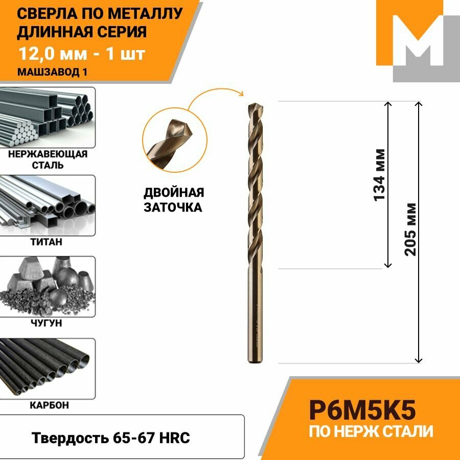 Сверло по металлу длинное 12 мм - 1 шт Р6М5К5 кобальтовое машзавод 1