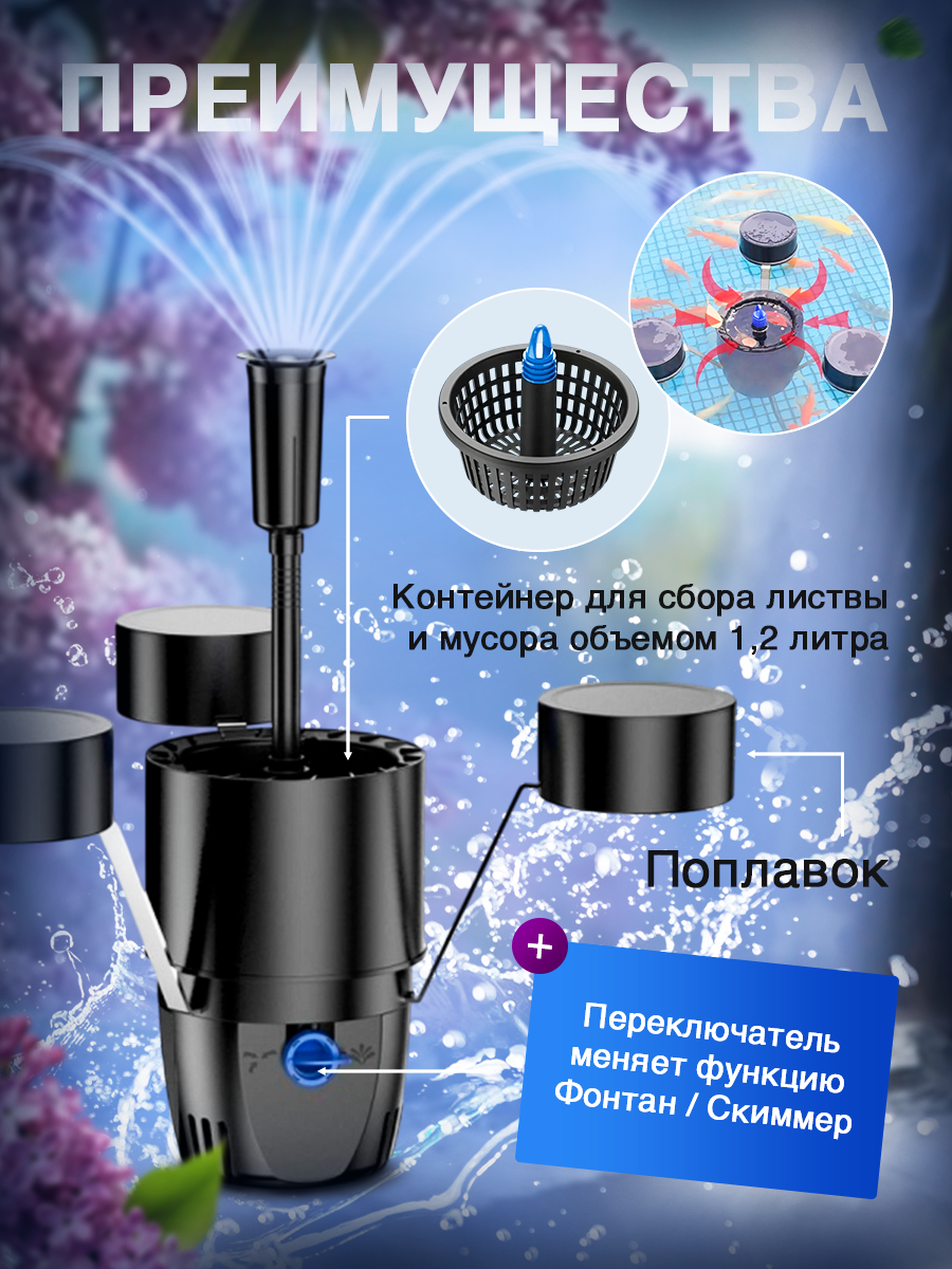 Скиммер фонтан для пруда и бассейна плавающий CSP 250 с 3 насадками, 40 л/мин — фото 1