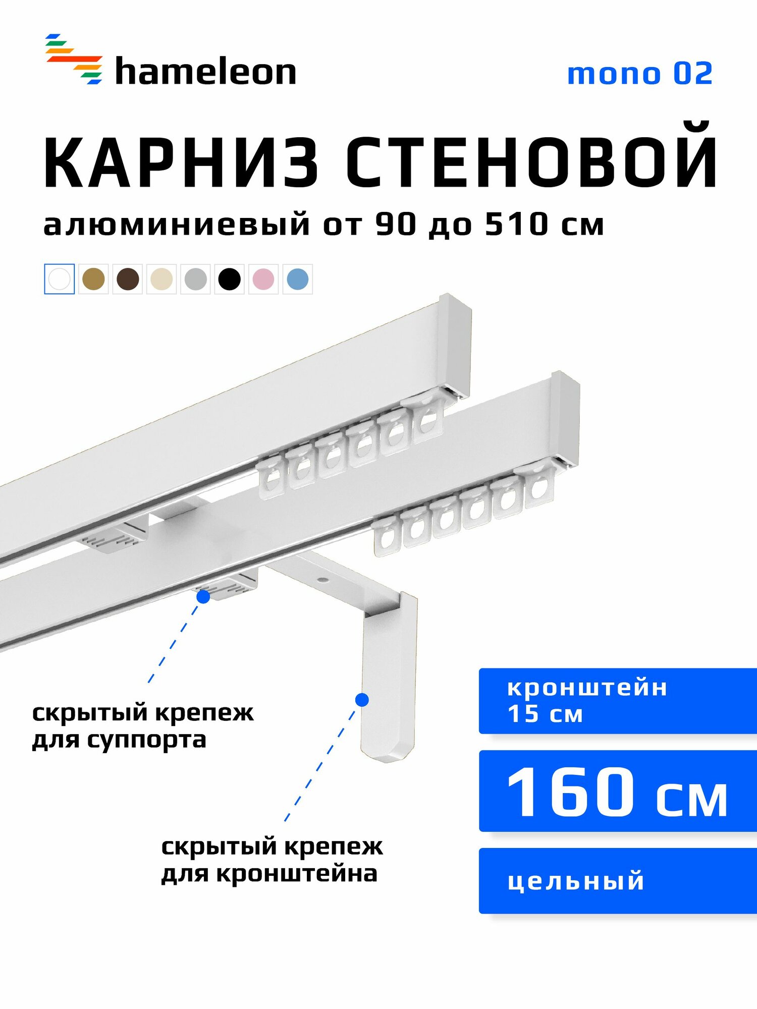 Карниз для штор hameleon mono 02, двухрядный, настенный, белый глянец, 160 см, алюминиевый, кронштейны 15 см