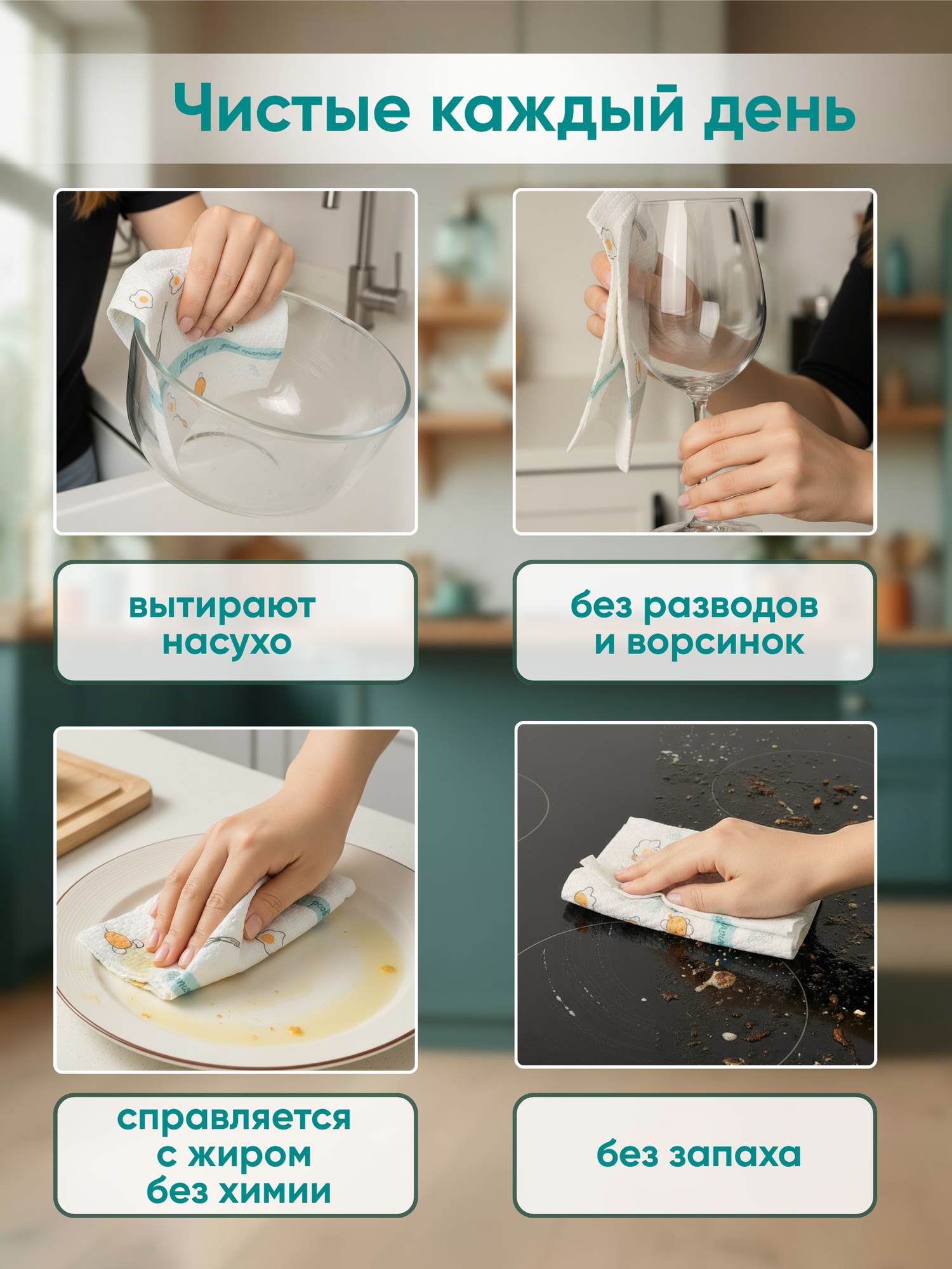 Универсальные салфетки для уборки в рулоне 25*25 см 100 шт, многоразовые безворсовые салфетки — фото 1