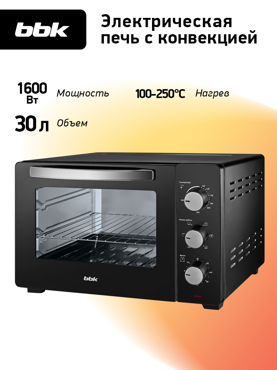 Духовка электрическая BBK OE3037M черный, объем камеры 30 л, мощность 1600 Вт, конвекция, гриль, жарка, запекание