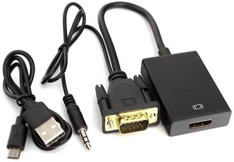 Переходник VGA - HDMI Cablexpert A-VGA-HDMI-01, 19M/15F, длина 15см, аудиовыход Jack 3,5 (M), питание от USB, черный