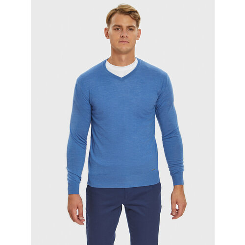 Пуловер KANZLER, шерсть, длинный рукав, силуэт прямой, средней длины, вязаный, размер XXL, голубой