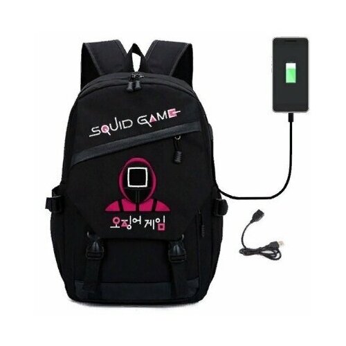 Рюкзак с USB Игра в кальмара черный графит, охранник квадрат маска игра в кальмара охранник ведущий квадрат