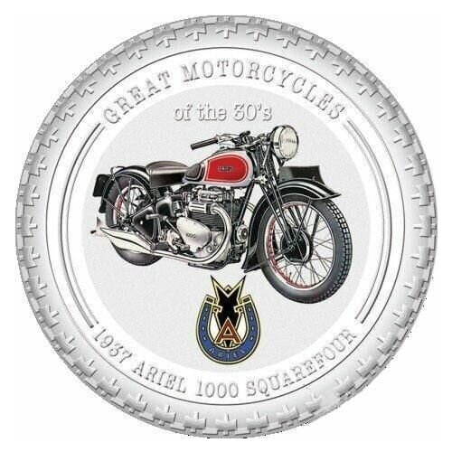 Серебряная монета 2 доллара в открытке Знаменитые Мотоциклы 1930-х годов. Ariel 1000 Square Four. Острова Кука 2007 UNС
