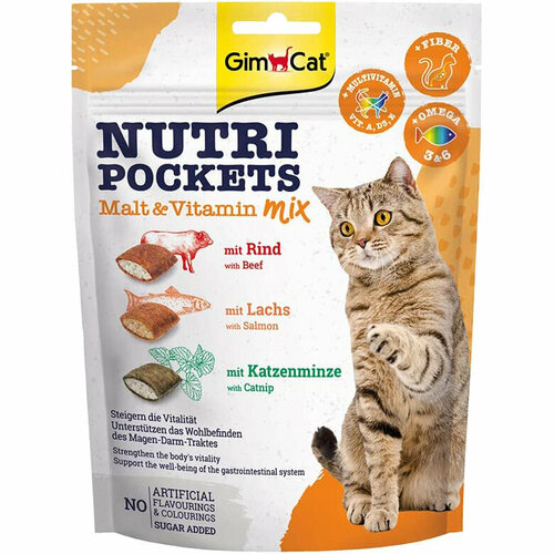 GimCat Nutri Pockets Malt and Vitamin Mix лакомство для кошек подушечки Солод и Витамины, 150 г