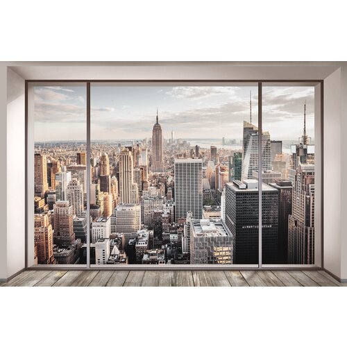 Моющиеся виниловые фотообои GrandPiK Нью-Йорк сквозь панорамное окно, 400х260 см