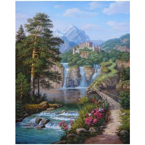 Вышивка крестиком 46х56 - Замок, водопад и природа вышивка крестиком 46х56 водопад в лесу и мостик