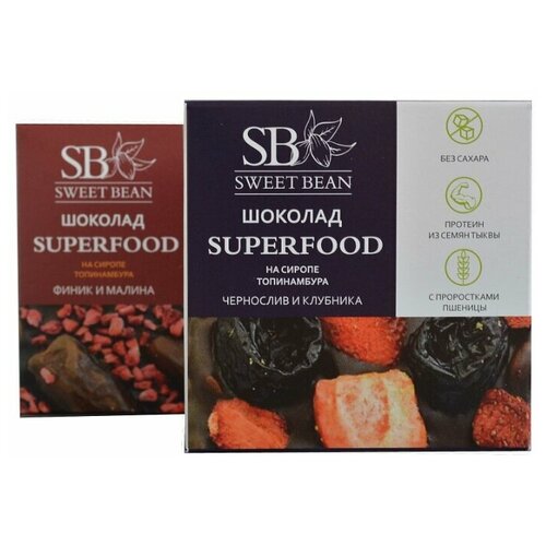 фото Набор изделий из шоколада на сиропе топинамбура "чернослив и клубника" + "финик и малина" sweet bean superfood, без сахара