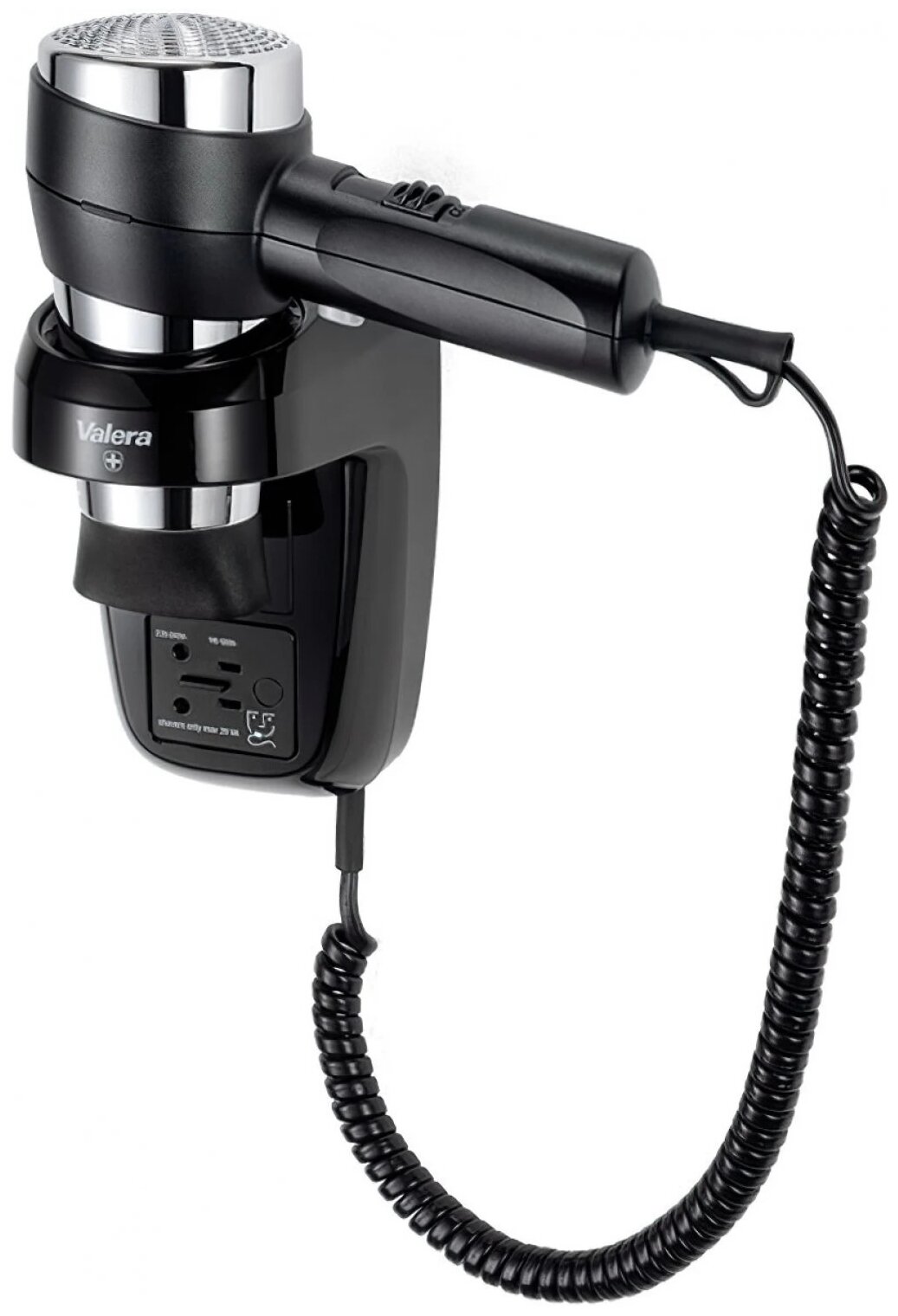 Фен настенный Valera Hospitality Action Super Plus 1600 Shaver (542.06/044.05 black/chrome), мощность 1600 Вт, безопасная кнопка включения/выключения, розетка для бритвы, настенный держатель, холодный воздух, концентратор, спиральный сетевой кабель