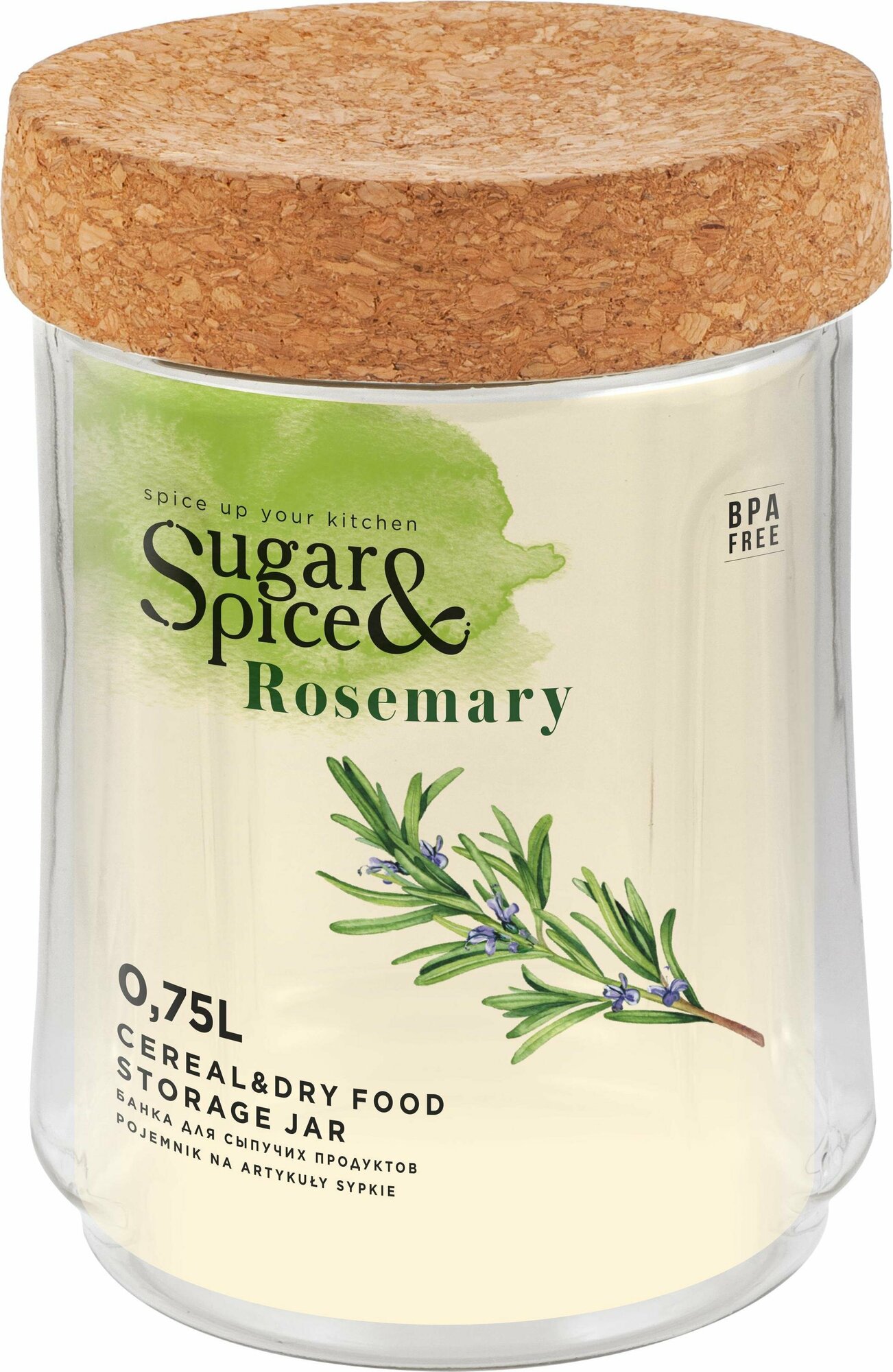 Банка для хранения сыпучих продуктов на кухне Rosemary 075л из прозрачного пластика с завинчивающейся пробковой крышкой ЭКО Sugar&Spice