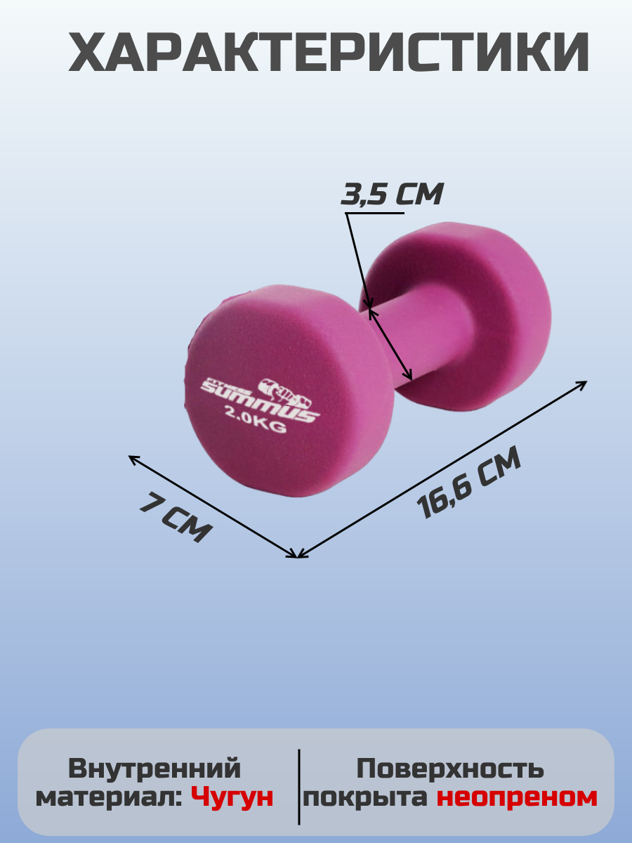 Гантели для фитнеса неопреновые Summus 2 шт. по 2 кг женские, мужские для дома и зала, для детей, арт. 500-102-purple