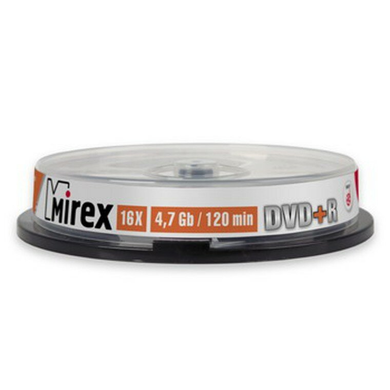 Диск DVD+R Mirex 4,7GB, 16x, комплект 10шт, Cake Box (UL130013A1L)