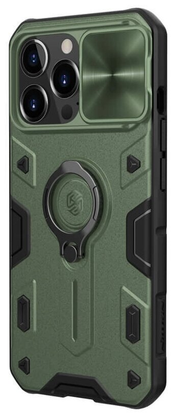 Противоударный чехол с кольцом и защитой камеры Nillkin CamShield Armor Case для iPhone 13 Pro зеленый