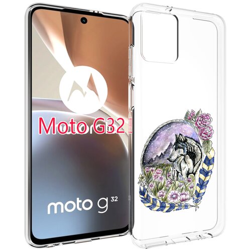 Чехол MyPads нарисованный волк в цветах с перьями для Motorola Moto G32 задняя-панель-накладка-бампер