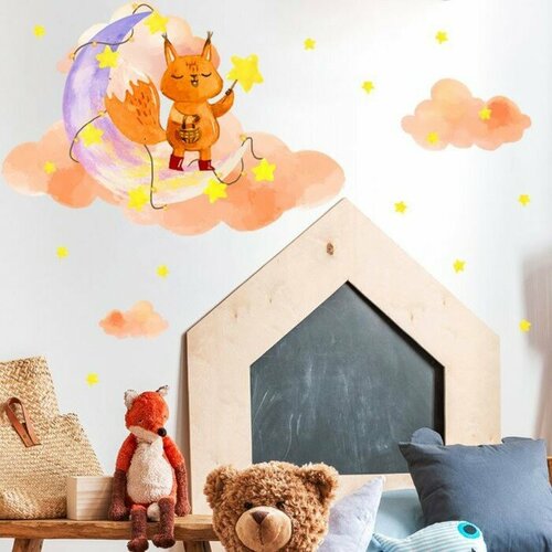 Наклейка пластик интерьерная цветная Лисёнок на месяце 30х44 см 669₽